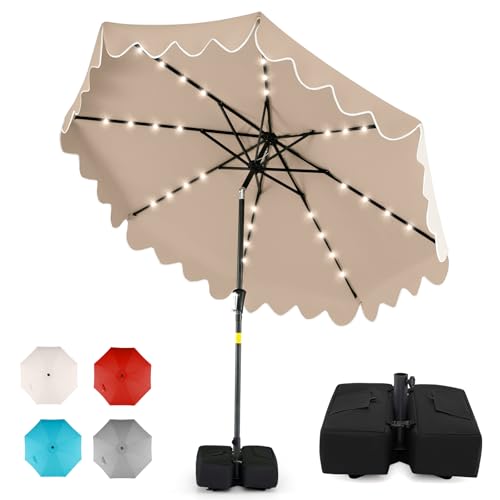 Tangkula 9 FT Solar Patio Umbrella with Base Included, 2-Tiers Outdoor Scalloped Table Umbrella with 32 LED Lights, 2 Sandbags, Tilt Adjustment, Crank, 8 Ribs for Market Backyard Pool Deck Beach Lawn - color: Coffee, size: 9 FT