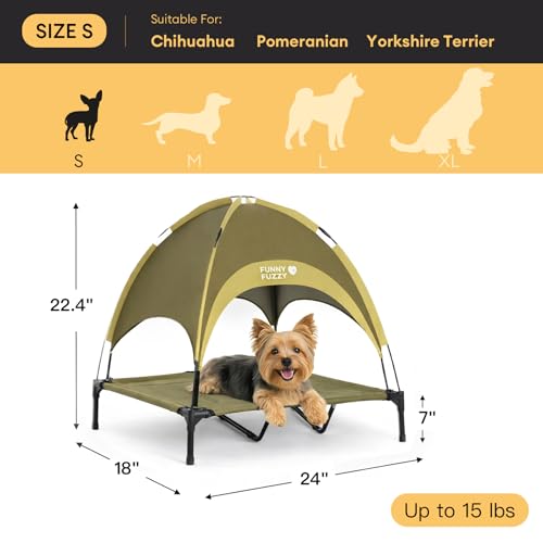 FUNNY FUZZY Elevated Dog Bed with Canopy, Green, Small (24"x18"x7") – Outdoor Pet Cot with UV Protection, Breathable Mesh for Cooling, Indoor & Outdoor Use for Dogs up to 120 lbs,Green - color: Green, size: Small