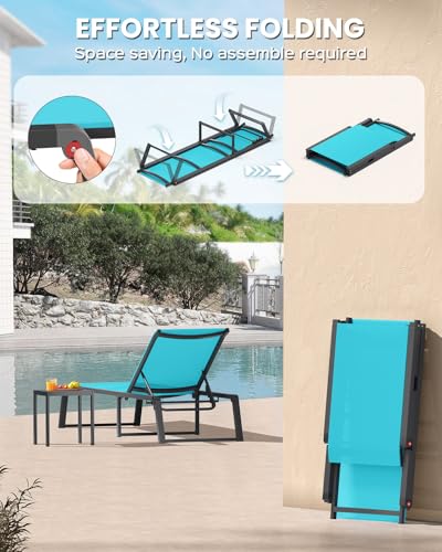 Aluminum Chaise Lounge Chair Outdoor, Foldable& No Assembly Patio Pool Lounge Chairs 5-Position Recliner for Outside, Fully Grounded Legs Sun Lounger for Poolside, Lake Blue - color: Lake Blue, size: 1