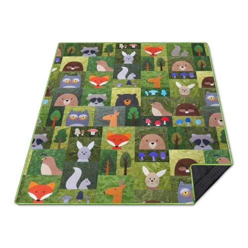 Supfitness Extra Large Picnic Blankets Waterproof Foldable (60"x 80") Boho Beach Blanket Waterproof Sandproof,3-Layer Thicking Mat Outdoor Packable Camping Blanket - color: Green-animal, size: 5' x 6'8" (Rectangular)