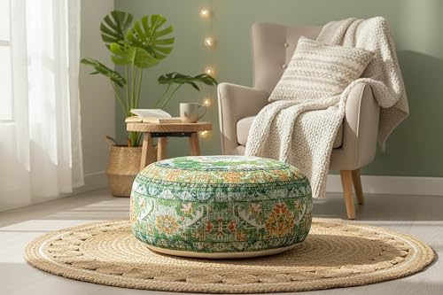Indian Yoga Décor Pouf Cover Green Round Green Floor Pillow Case Room Décor Moroccan Décorative Cushion Perfect for Living Room, Bedroom, Nursary or Children Room Cotton 24x8 Unstuffed - color: Green
