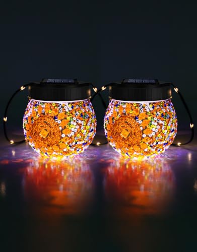 Mosaic Solar Lights Outdoor 2 Pack, Solar Hanging Lanterns Christmas Halloween Gifts for Women Mom Grandma, Waterproof Glass Globe Lights, Garden Patio Decor for Yard, Tree, Balcony, Warm - color: Orange, size: 2