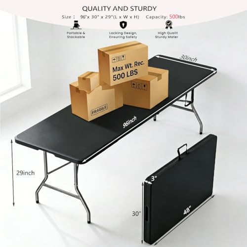8FT Heavy Duty Folding Table,Fold-in-Half Portable Plastic Utility Table with Carry Handle&Locking Legs,Indoor Outdoor Table for Party,Tailgate,BBQ,Camping,Events,Backyard Dining–Black - color: Black, size: 8FT