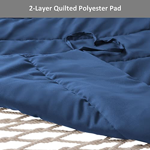 SUNCREAT Hammocks Outdoor Double Hammock with Hardwood Spreader Bar, Heavy Duty Cotton Rope Hammock with Polyester Pad, Dark Blue - color: Dark Blue