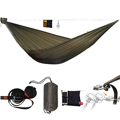 Onewind Camping Hammock, Ultralight Portable Hammock with Adjustable Ridgeline, Outdoor Hammock 20D Ripstop Nylon with 2 * 12Ft Tree Strap, Ideal for Camping, Hiking, Backpacking - color: Od Green-single Layer, size: 11' * 55"