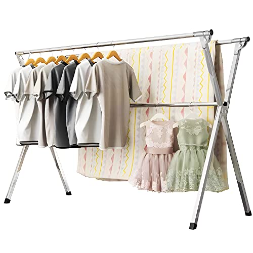 URYAN 63 Inches Clothes Drying Rack, Heavy Duty Stainless Steel Laundry Drying Rack Folding Indoor Outdoor, Portable Drying Rack Clothing, Free-Standing Laundry Stand with 20 Windproof Hooks - size: 63"