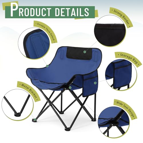 2 Pack Compact Camping Chairs Portable Folding for Outside with Carry Bag Lightweight Moon Chairs for Travel Picnic Hiking Beach Fishing, 600D Oxford, Supports 330lbs(Blue) - color: Blue