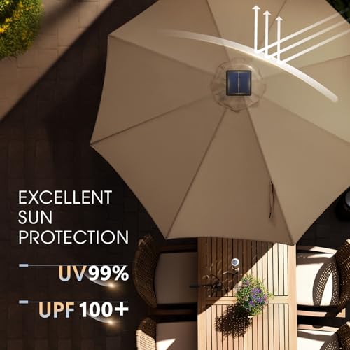 wikiwiki 10ft Solar Led Patio Umbrella, Sturdy Outdoor Market Umbrella for Deck, Pool, Garden w/Tilt, Crank, 32 LED Lights, Tan - color: Tan, size: 10FT