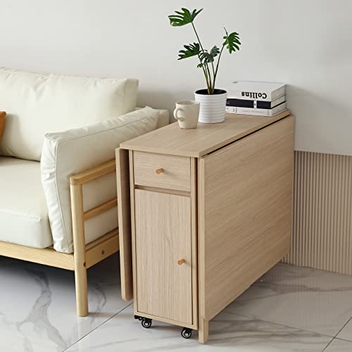 COMUHOME Extendable Drop Leaf Folding Dining Table with 2 Drawers and 4 Wheels for Living Room Kitchen Farmhouse Space Saving Table in Wood Color - color: Wood