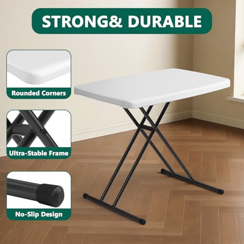Folding Table 30 Inch - Small Desk Adjustable Height TV Tray for Laptop, Couch, Camping - Heavy Duty Utility Foldable Table for Small Spaces, No Assembly Required,Plastic White Granite - color: Plastic White, size: 30in
