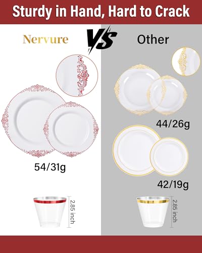Nervure 350PCS Red Plastic Plates - White Red Plastic Dinnerware Set for 50 Guests - 100 Red Disposable Plates, 50 Pre Rolled Cutlery Set, 50 Cups Perfect for Wedding & Party & Mothers Day - color: White and Red