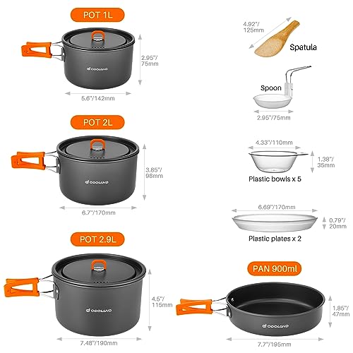 Odoland 15pcs Camping Cookware Non-Stick Lightweight Camping Pots and Pans Set with Kettle Plastic Plates Bowls Soup Spoon for Camping, Backpacking, Outdoor Cooking and Picnic - style: 15pcs W/ Pot