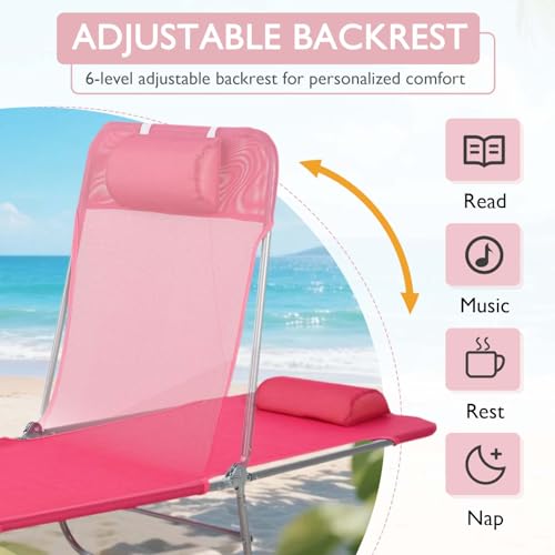 Majnesvon Folding Chaise Lounge Chair, Pool Sun Tanning Chair with Headrest, Outdoor Lounge Chair with Reclining Back, Breathable Mesh Seat, for Beach, Yard, Patio (Pink 2) - color: Pink 2