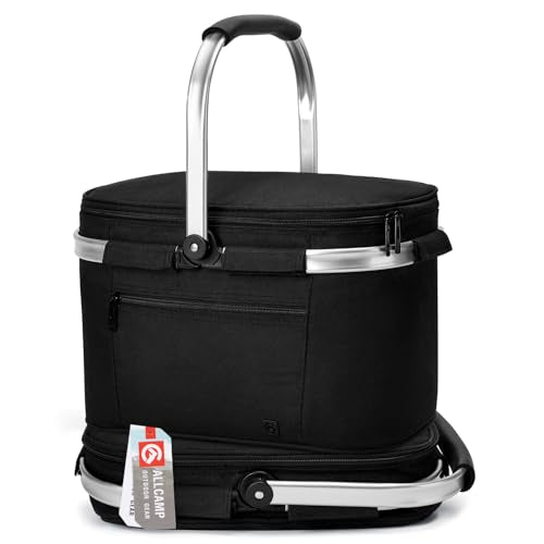 ALLCAMP Picnic Basket - Insulated Cooler, Thickening Foldable Picnic Basket with Removable Baskets & Sewn-in Frame, Basket for House Warming Gifts New Home(Jet Black) - color: Jet Black, size: Medium