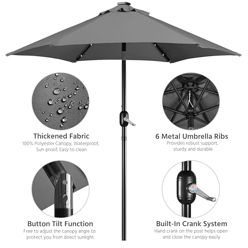 Yaheetech 7.5 ft Solar Patio Umbrella LED Lighted Umbrella with Tilt and Crank Lift System, Table Market Sunshade for Garden, Deck, Backyard, Pool and Beach, Grey - color: Gray, size: 7.5ft