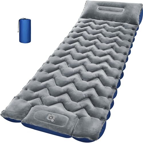 4" Thick Double-Sided Inflatable Sleeping Pad | Warm Crystal Velvet Top for Cold Weather, Waterproof Nylon Bottom | All-Season Camping Mattress for Backpacking, Hiking, Tent & Car Travel - color: Crystal Velvet Grey+blue Nylon