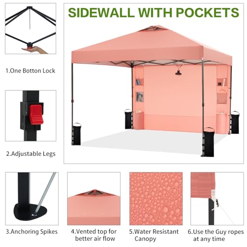 Tunbne 10'x10' Pop Up Canopy Tent with 1 Sidewall and 6 Pockets, One Push Setup, Instant Shade Tent with Vented Roof for Beach Patio Outdoor, Case, 8 Stakes, 4 Ropes, 4 Sandbags (Ocher, 10x10) - color: Ocher, size: 10x10