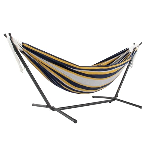 Vivere Double Cotton Hammock with Space Saving Steel Stand, Upgraded Polyester End Strings 450 lb Capacity - Premium Carry Bag Included - USA Grown Cotton (Serenity) - color: Serenity