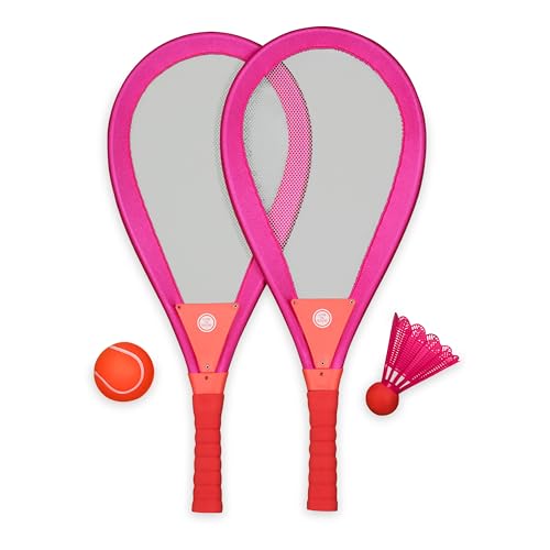 Life is Good Jumbo Badminton Set for Ages 6+ (Raspberry Pink/Mango), Oversized Paddles Lawn Game for Outdoor Sports, 2-Player Badminton Paddle Kit for Backyard, Beach, and Family Fun - color: Raspberry Pink/Mango Orange