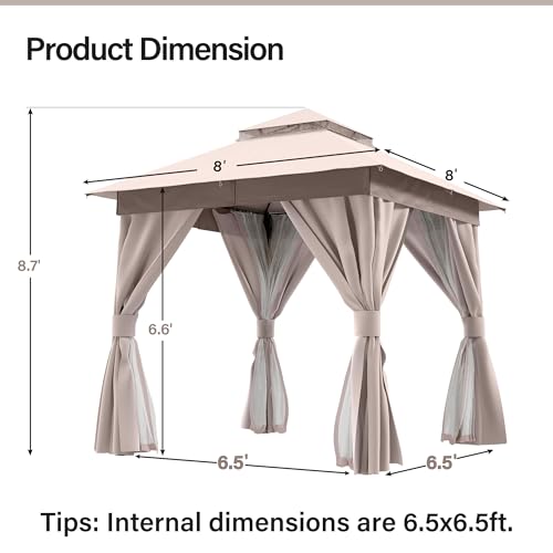 LAUSAINT HOME Gazebo 8x8ft, Heavy Duty Patio Gazebo with Expansion Bolts, Party Canopy Tent with Double Roofs, Mosquito Nettings and Privacy Screens for Backyard, Garden, Lawn, Khaki - color: Khaki, size: 8'x8'