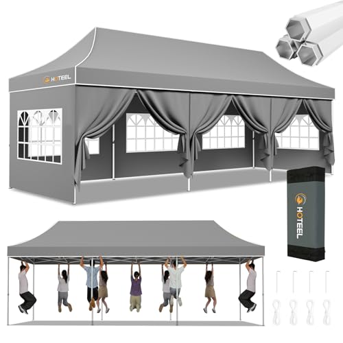Hoteel 10x30 Pop Up Canopy Tent Heavy Duty with 8 Sidewalls, Waterproof Party Tent, Easy Set-up Commercial Instant Tents with Hand Bag, Rope & Nail, Hexagonal Leg (1-Year Warranty) - color: Gray, size: 10×30 （8 Walls）