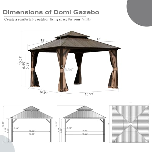 Domi 12' x 12' Hardtop Gazebo, Outdoor Metal Gazebo for Patios with Galvanized Steel Double Roof, Heavy Duty Curtains and Netting Included, Permanent Pergola for Backyard, Garden Lawn, Brown - color: Brown, size: 12'×12' Double Roof