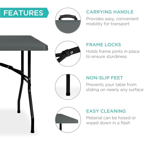 Best Choice Products 6ft Plastic Folding Table, Indoor Outdoor Heavy Duty Portable w/Handle, Lock for Picnic, Party, Camping - Dark Gray - color: Dark Gray, size: 6ft
