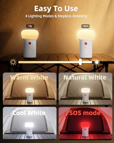 LED Rechargeable Camping Lantern with Hook - 6000mAh Emergency Outdoor Camping Lights, IPX5 Water Resistant Portable Tent Lights for Camping Hiking, Backpacking, Fishing, Outages (White) - color: White