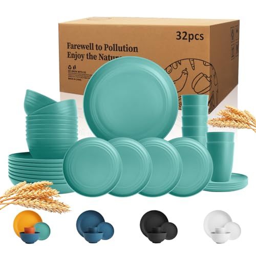 Wrova Wheat Straw Dinnerware Set of 32,Unbreakable Dinner Plates and Bowls Dishes Sets Service for 8,Dishwasher Safe Dinnerware Sets for Kitchen and Camping.Green - color: Green, size: 32 Pack