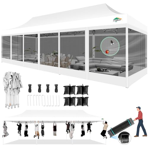COBIZI 10x30 Pop Up Canopy with Sidewalls, Heavy Duty Canopy with Mosquito Netting, Easy up Screen Party Tents for Parties Backyard Outdoor Commercial Event Gazebo with Roller Bag, Sandbags, White - color: White, size: 10x30ft(standard)