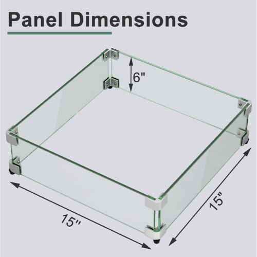 GASPRO 15" x 15" x 6" Fire Pit Glass Wind Guard, Tempered Glass Firepit Table Shield, Thick and Sturdy, with Hard Aluminum Corner Bracket & Rubber Feet, Easy to Assemble - size: 15" x 15" x 6"