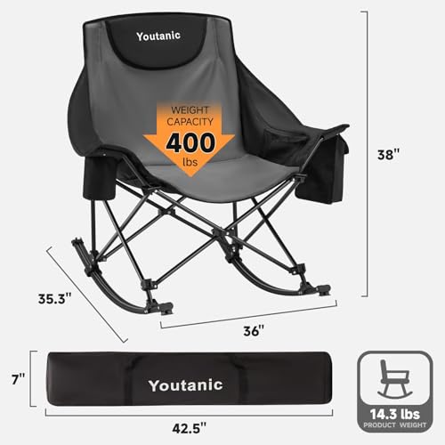 Youtanic Oversized Folding Rocking Camping Chair, Padded Portable Rocking Chair with Pockets, Cup Holder and Carry Bag, Heavy Duty Outdoor Rocker Patio Chair for Garden, Lawn, Yard, Up to 400lbs, Gray - color: Gray-black