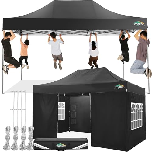 COBIZI 10x15 Pop up Canopy Tent 10x15 Canopy with 4 Sidewalls Waterproof Heavy Duty Commercial for Parties Outdoor Garden Gazebo Tent, Carry Bag(10x15ft, Black) - color: Black, size: 10X15FT 4 Sidewalls