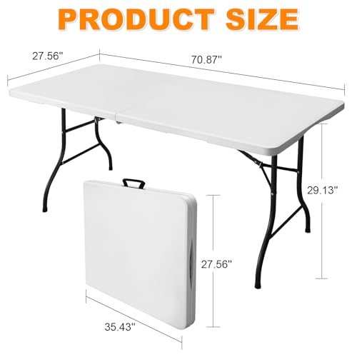 6ft Folding Table, Portable Heavy Duty Plastic Fold-in-Half Utility Table for Indoor/Outdoor Use, Dining, Camping, Picnic, Party, White - color: White