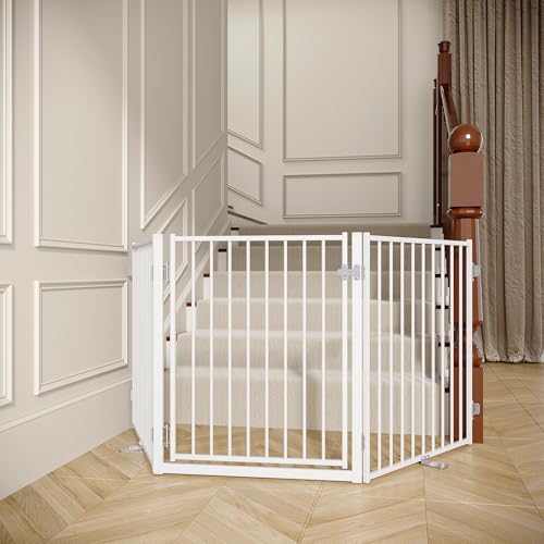 No Pawblems Free Standing Dog Gate with Door, 30'' Tall Foldable Dog Fence for Indoor & Outdoor, Up to 78 Inch Extra Wide Puppy Gate for Stairs, Hallways, Doorways, Deck, Yard (White, 3 Panels) - color: White, size: Up to 78" W, 3 Panels