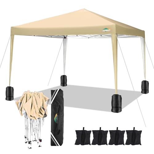 COBIZI 10x10 Pop Up Canopy Tent Without Sidewall, UPF 50+ Waterproof Outdoor Canopy, Instant Tent Portable Canopies Gazebo for Commercial Sun Shade Party Backyard with 4 Sandbags(Khaki) - color: Khaki, size: 10x10FT without sidewall
