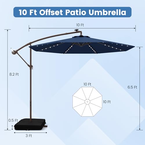 Tangkula 10FT Offset Patio Umbrella with Base Included, Outdoor Cantilever Umbrella with 40 Solar LED Lights, Tilt Adjustment, Crank Handle, Vented Top, Sand Bags for Pool Yard Deck (Navy) - color: Navy