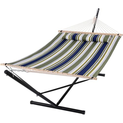 SUNCREAT Double Hammock, Extra Large Quilted Fabric Swing with Hardwood Spreader Bars & Detachable Pillow, Heavy Duty, Perfect for Indoor/Outdoor Patio, Deck, Yard, Blue&Aqua - color: Blue&aqua, size: 12 ft Stand
