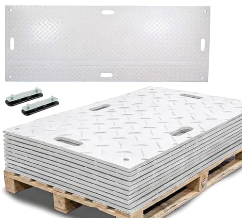 Mytee Products 4 Pack 3' x 8' White Ground Protection Mats with Diamond Plated Tread Design & 6 Pcs Single Connectors - Polyethylene Mat, Easily Supports 90 Ton Loads on Lawns, Dirt, & Other Areas - color: White, size: 4 - Pack