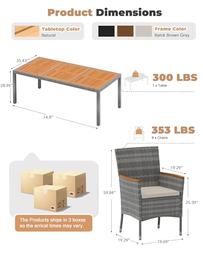 Flamaker 9 Piece Patio Dining Set Outdoor Acacia Wood Table and Chairs with Soft Cushions Wicker Patio Furniture for Deck, Backyard, Garden (Grey) - color: Grey, size: 9 Piece