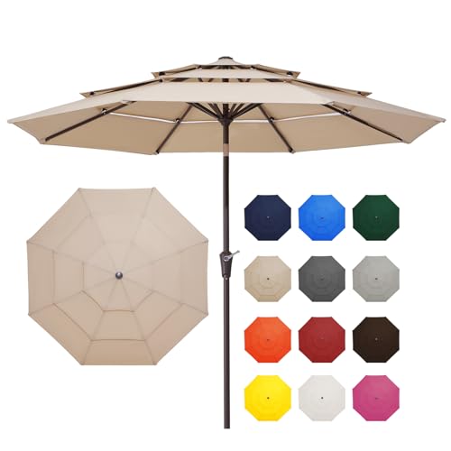 JEAREY 9FT 3 Tier Patio Umbrella Outdoor Market Umbrella Table Umbrellas with 8 Ribs 1.5 Pole Push Button Tilt and Crank UV Protection for Garden,Beige - color: Beige