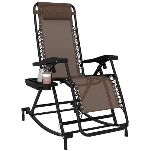 Outsunny Outdoor Rocking Chairs, Foldable Reclining Zero Gravity Lounge Rocker with Pillow, Cup & Phone Holder, Combo Design with Folding Legs, Brown - color: Brown, size: 1 Pack