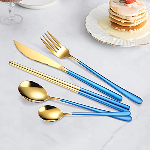 AARAINBOW 6 Pieces 18/8 Stainless Steel Flatware Set Portable Reusable Cutlery Set Travel Utensils Set Including Chopsticks Knife Fork Spoon Straws Cleaning Brush Dishwasher Safe (Blue golden) - color: Blue golden