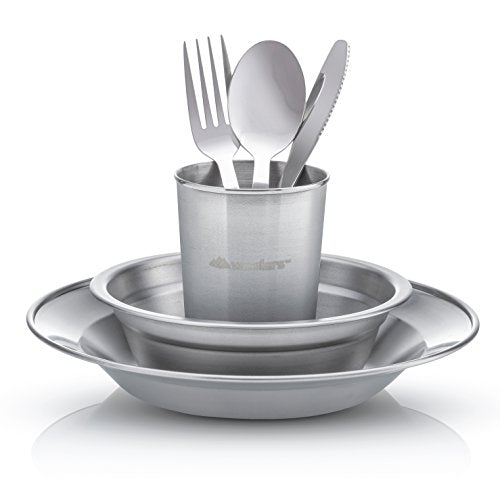 Unique Complete Messware Kit Polished Stainless Steel Dishes Set| Tableware| Dinnerware| Camping| Includes - Cups | Plates| Bowls| Cutlery| Comes in Mesh Bags - style: 2 Person Set Blue