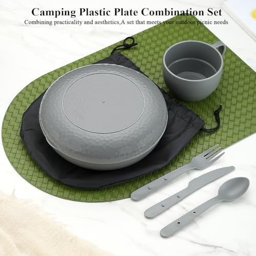 Berglander Camping Mess Kit with Bowl, Plate, Cup, Spoon, Fork, Knife and Carry Bag, Plastic Camping Accessories Essentials Gear for Travel, Camping, Picnic, Outdoor, Easy to Carry & Store - color: 2.Gray