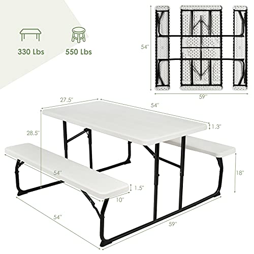 Giantex Folding Picnic Table Bench Set, Outdoor Dining Table Set, Large Camping Table for Patio Deck Lawn Garden Backyard Poolside, Portable Picnic Tables, Weather Resistant Metal Frame, White - color: White