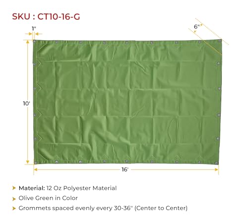 Mytee Products 10' x 16' Green Canvas Tarp 12oz Heavy Duty Water Resistant - color: Green (1 Pc), size: 10' x 16'