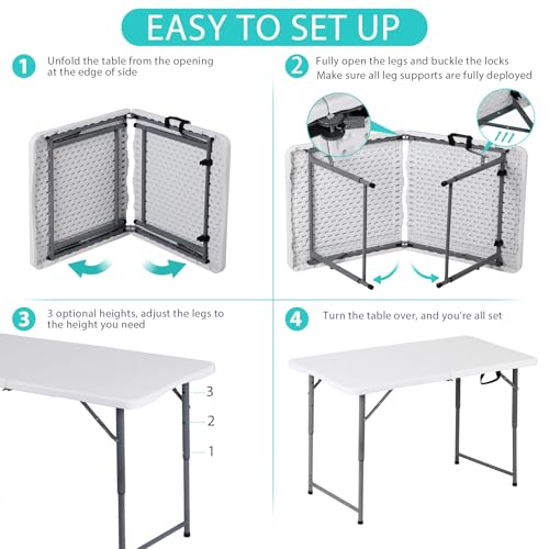 SUPER DEAL Portable 4 Foot Plastic Folding Table, Indoor Outdoor Heavy Duty Fold-in-Half Picnic Party Camping Barbecues Table with Carrying Handle, White - size: 4 FT