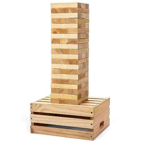 Tailgating Pros Premium Giant Toppling Timbers with Natural Wooden Crate – Jumbo Outdoor Yard Game, Tower Grows to Over 5 Feet! –Optional Tipsy Stickers Available! - color: Plain / Plain, size: With Tipsy Stickers