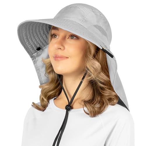 SUN CUBE Wide Brim Sun Hat with Neck Flap, UPF50+ Hiking Safari Fishing Hat for Men Women, Sun Protection Beach Hat - color: Light Grey